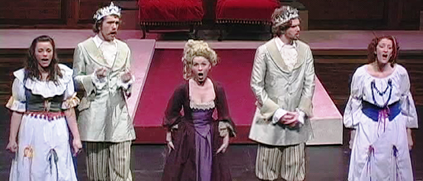 The Gondoliers, 2009, Durham Savoyards, Ltd.
Tessa (Cat Hoffmann), Giuseppe (Adam Z. Bowers), Casilda (Theodora Mason),
Marco (Steven Lumpkin), Gianetta (Laurie Siegel) The Gondoliers, 2008, Act II Quintet